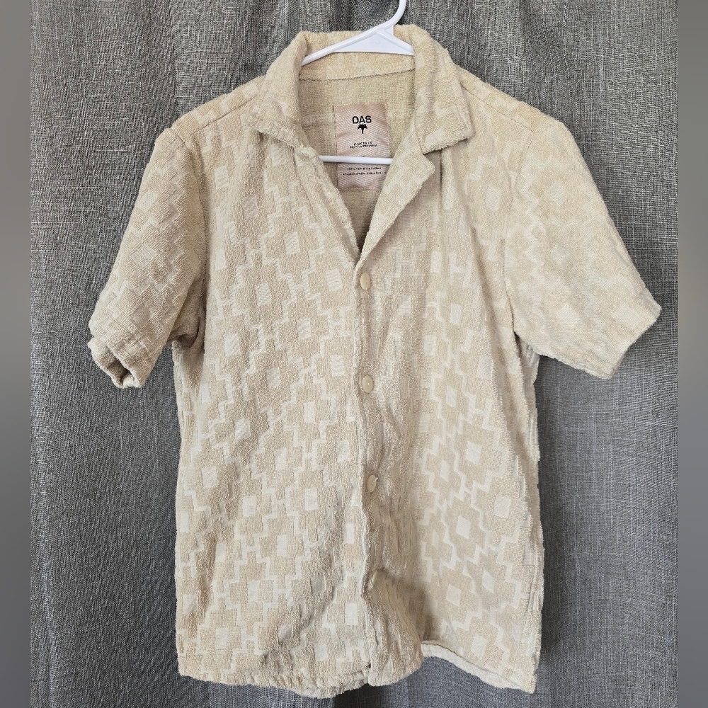 Oas Beige Machu Cuba Terry Button Down Shirt Short Sleeve Size Small